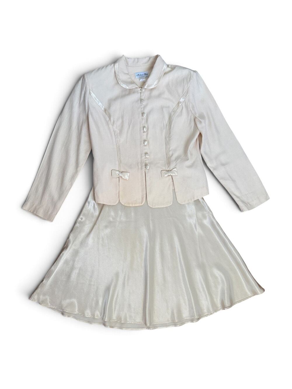 Vintage Michael Blair Cream Satin Bow Skirt Suit Set | Size 10 M | Made in USA